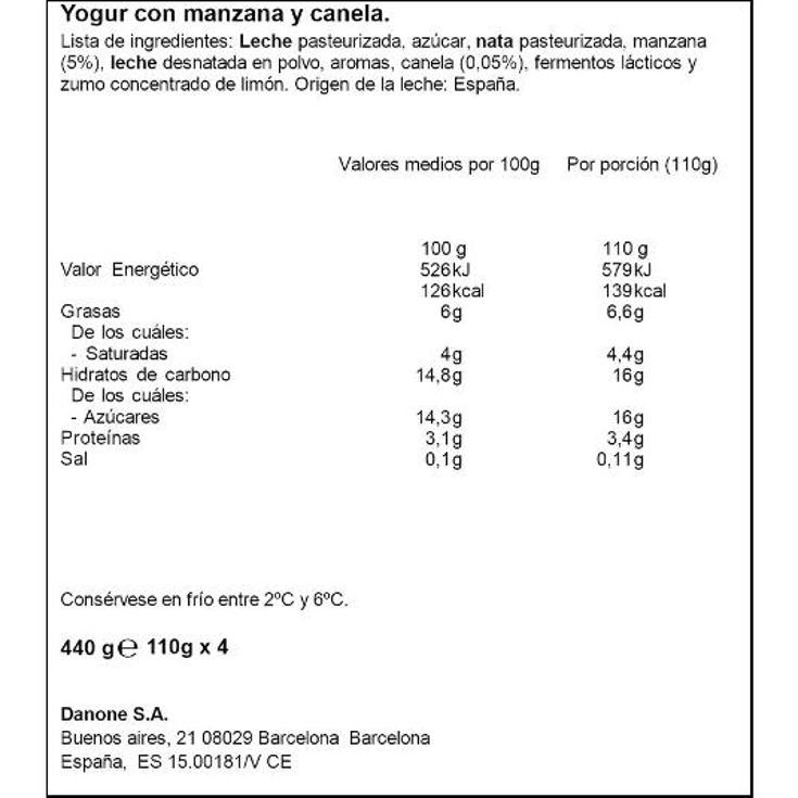 YOGUR GRIEGO MANZANA CANELA X4 DANONE PACK 440 GR