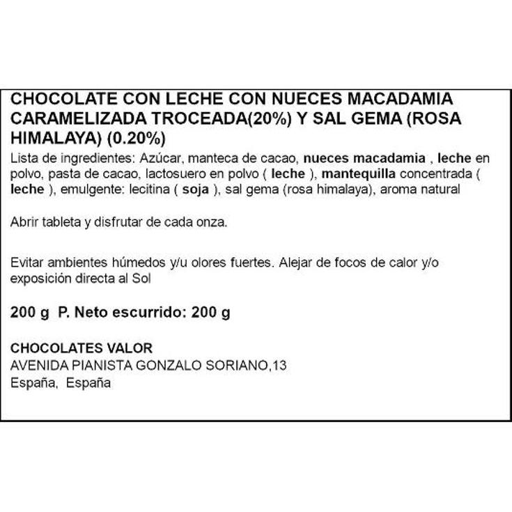 CHOCOLATE LECHE MACADAMIA CARAM VALOR PTLLA 200 GR