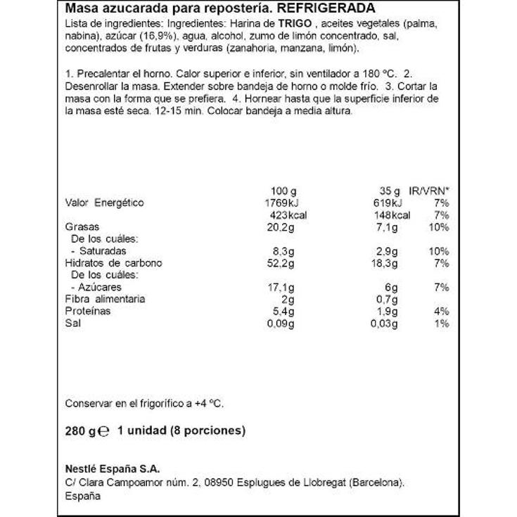 MASA REFRIGERADA PARA GALLETAS BUITONI UNIDAD 280 GR