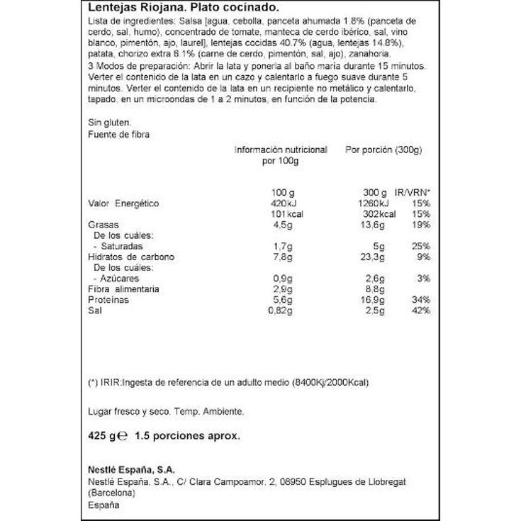 LENTEJAS RIOJANA CHORIZO LITORAL BOTE 425 GR