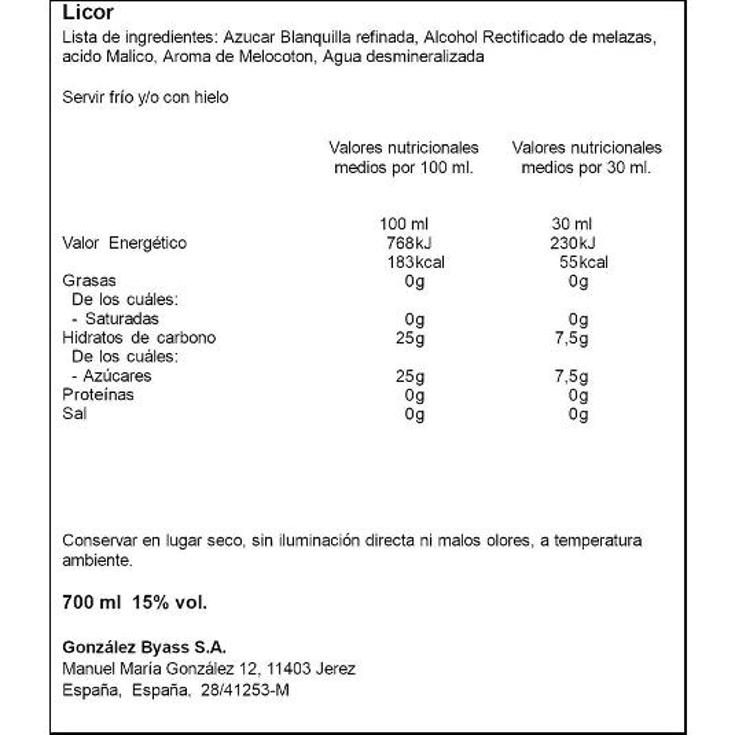 LICOR DE MELOCOTON 15º GRANPECHER BTLLA 70 CL