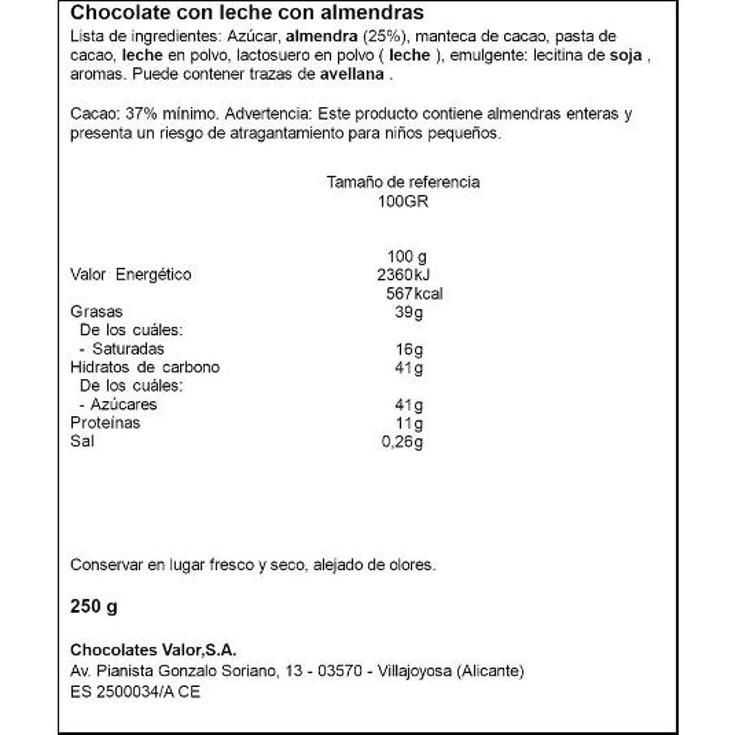 CHOCOLATE LECHE ALMENDRA VALOR PTLLA 250 GR