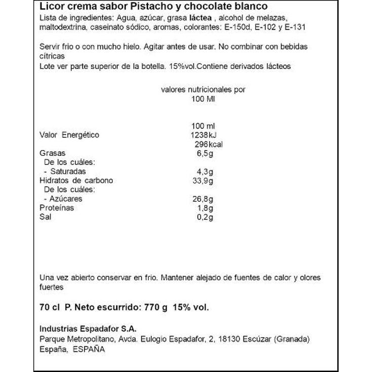 LICOR CREMA PISTACHO 15º LIAL BTLLA 70 ML