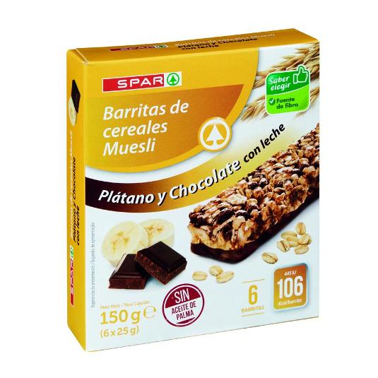 BARRITA CEREALES PLATANO CHOCO SPAR PQTE 150 GR