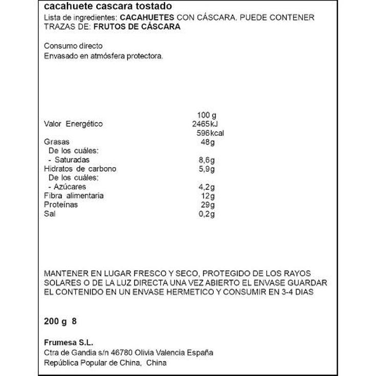 CACAHUETE CASC.JUMBO TOS.NTRAL SPAR BOLSA 200 GR