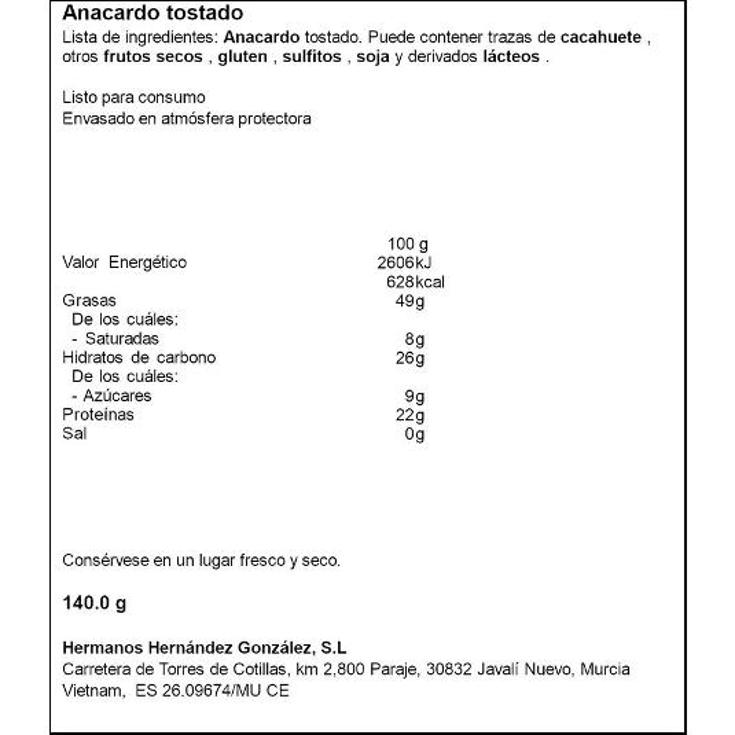 ANACARDOS AL NATURAL HERNANDEZ BOLSA 140 GR