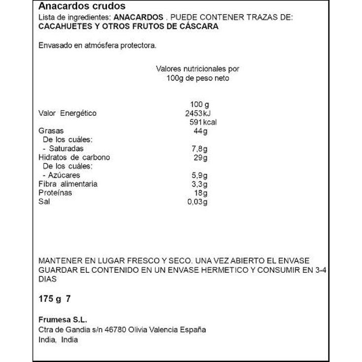 ANACARDOS CRUDOS SIN SAL SPAR BOLSA 175 GR