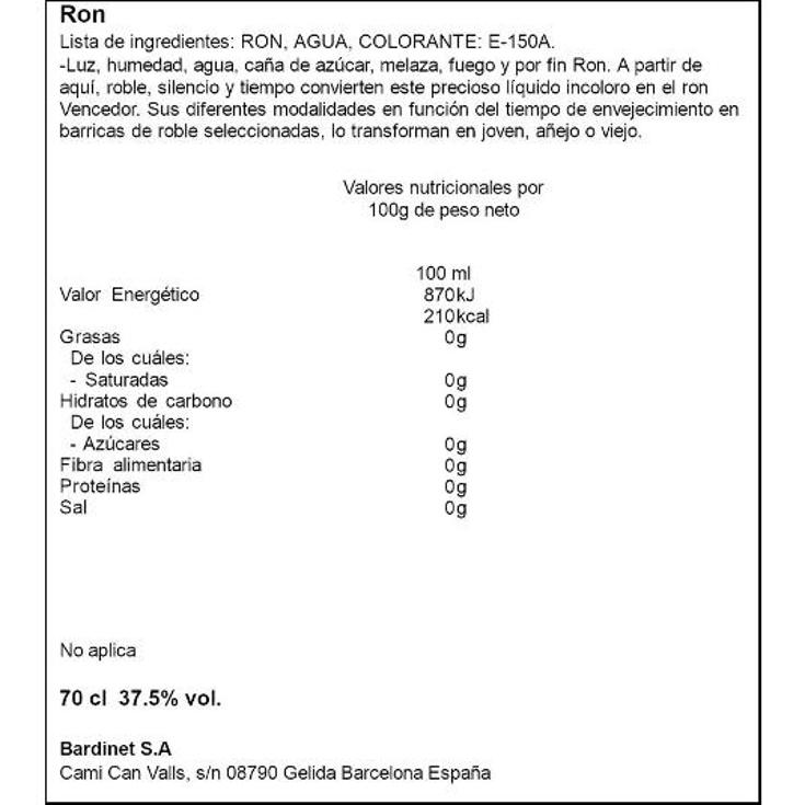 RON AÑEJO CARIBEÑO 37,5º VENCEDOR BTLLA 70 CL