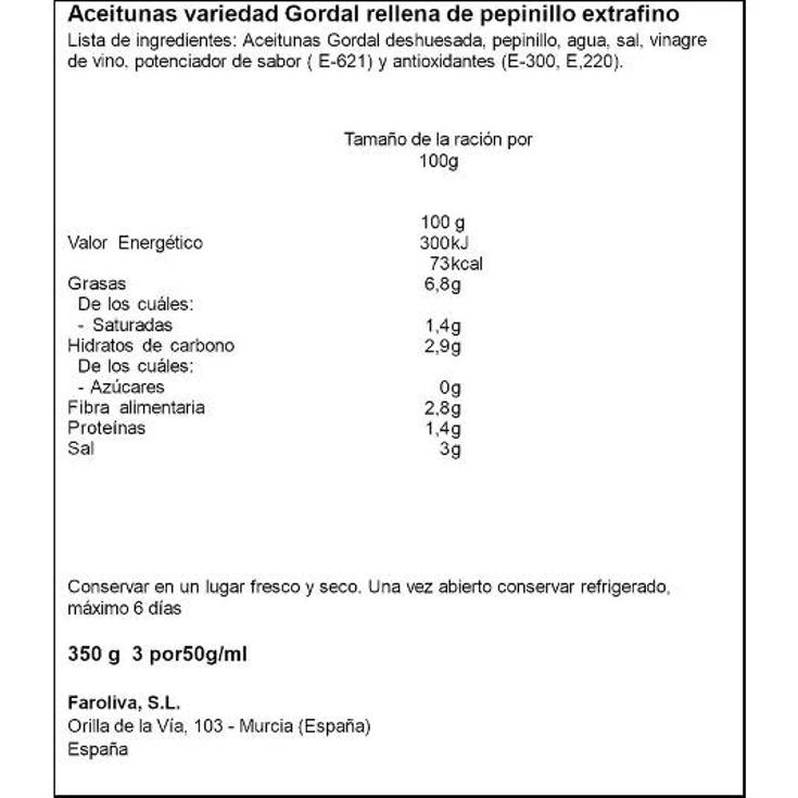 ACEITUNA GORDAL C/PEPINILLO EL FARO FRASCO 150 GR