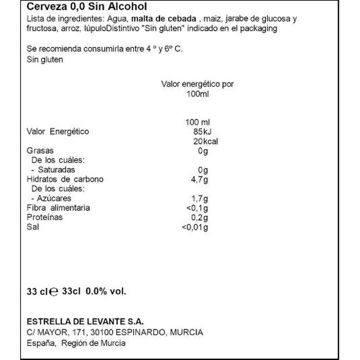 CERVEZA 0,0º ESTR.LEVANTE LATA 33 CL