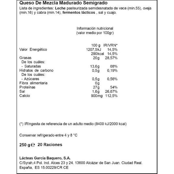 QUESO SEMIC.LIGHT YA CORTADO G.BAQUERO PACK 250 GR