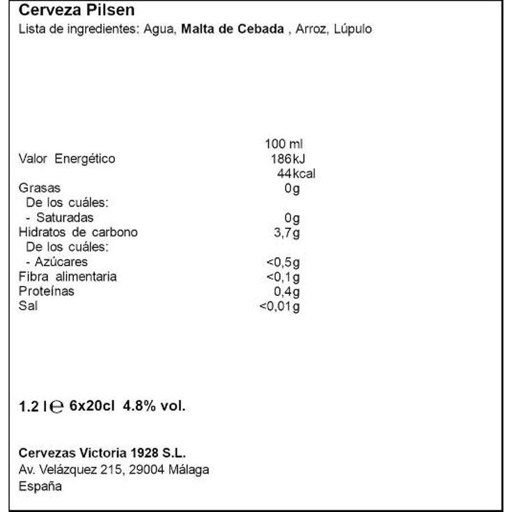 CERVEZA RUBIA ESPEC.4,8º 6X20 VICTORIA PACK 120 CL