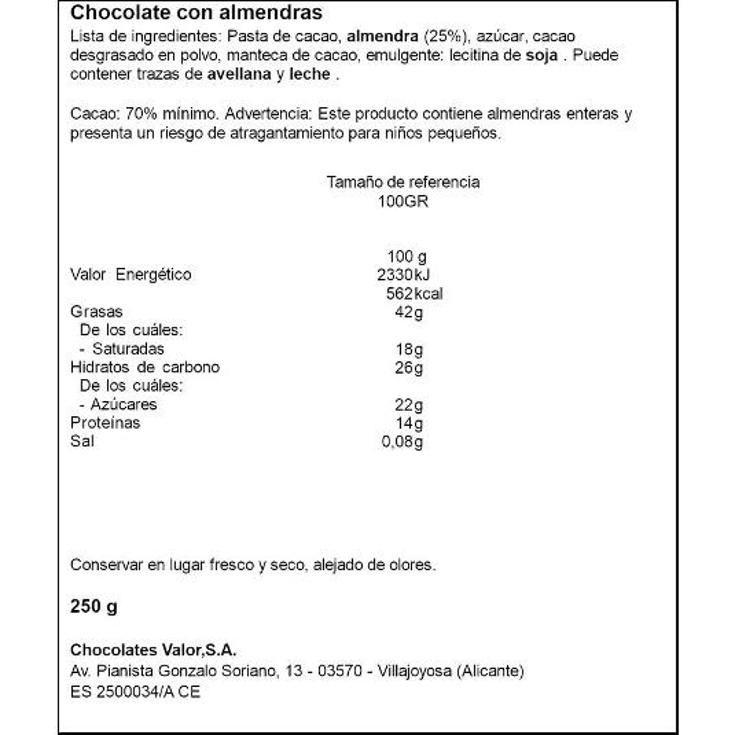 CHOCOLATE ALMENDRAS NEGRO 70% VALOR PTLLA 250 GR