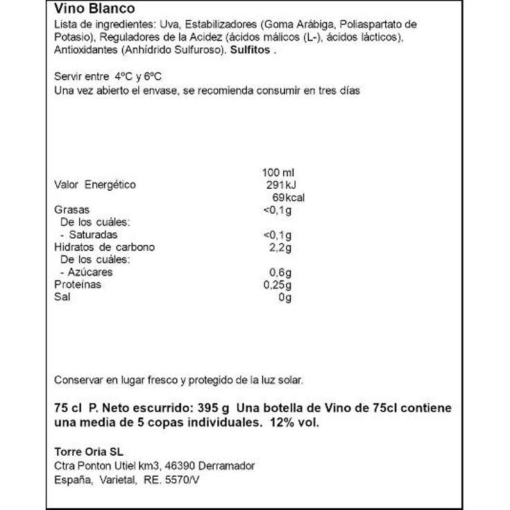 VINO BLANCO SAUVIGNON BLANC 12º TORRE ORIA BTLLA 75 CL