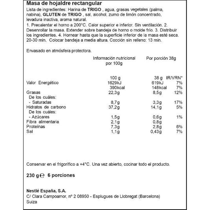 MASA HOJALDRE RECTANGULAR BUITONI UNIDAD 230 GR