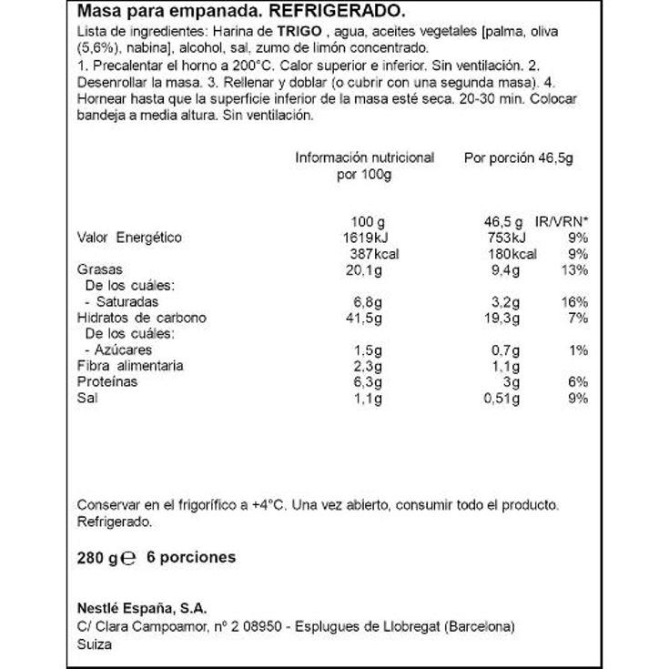 MASA EMPANADA LA COCINERA UNIDAD 280 GR