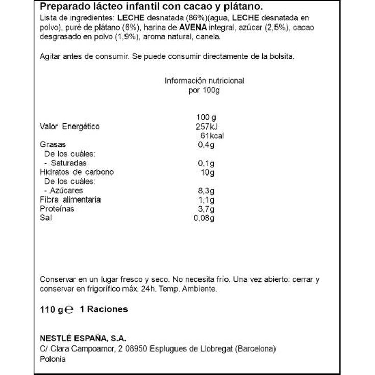 BOLSITA BEB.LACTEA CACAO/PLATAN NESQUIK BOLSA 110 GR