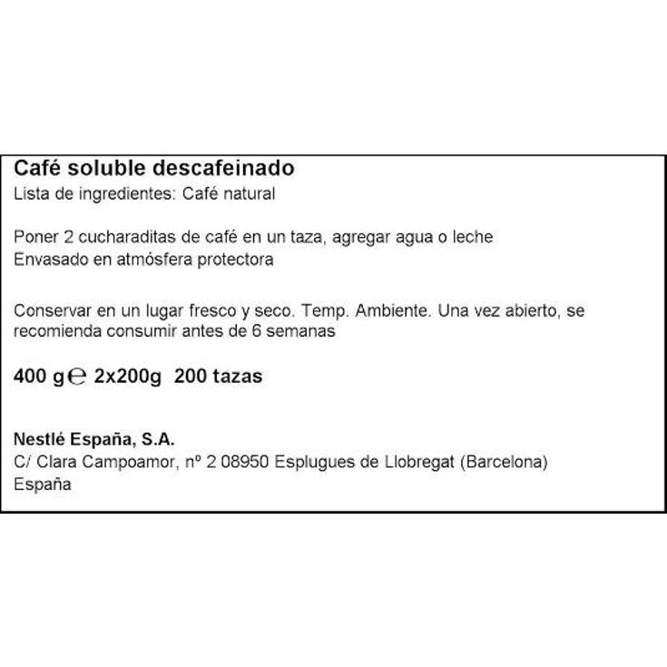 CAFE SOLUBLE DESCAFEIN. PACK-2 NESCAFE FRASCO 400 GR