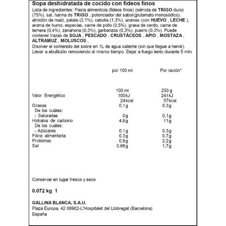 SOPA COCIDO FIDEOS FINOS G.BLANCA SOBRE 72 GR