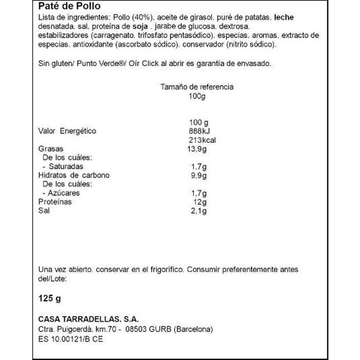 PATE DE POLLO TARRADELLAS FRASCO 125 GR