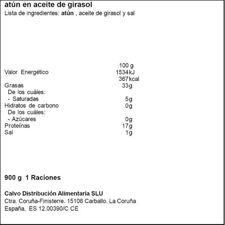 ATUN ACEITE GIRASOL CALVO LATA 600 GR