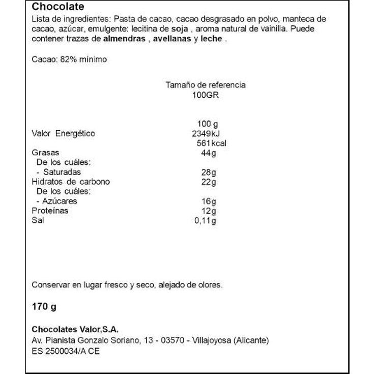 CHOCOLATE NEGRO 82% VALOR PTLLA 170 GR