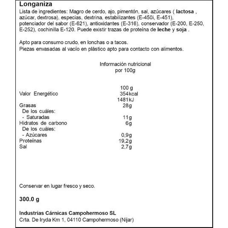 LONGANIZA BANDEJA 300GR CAMPOHERMOSO BDJA 300 GR