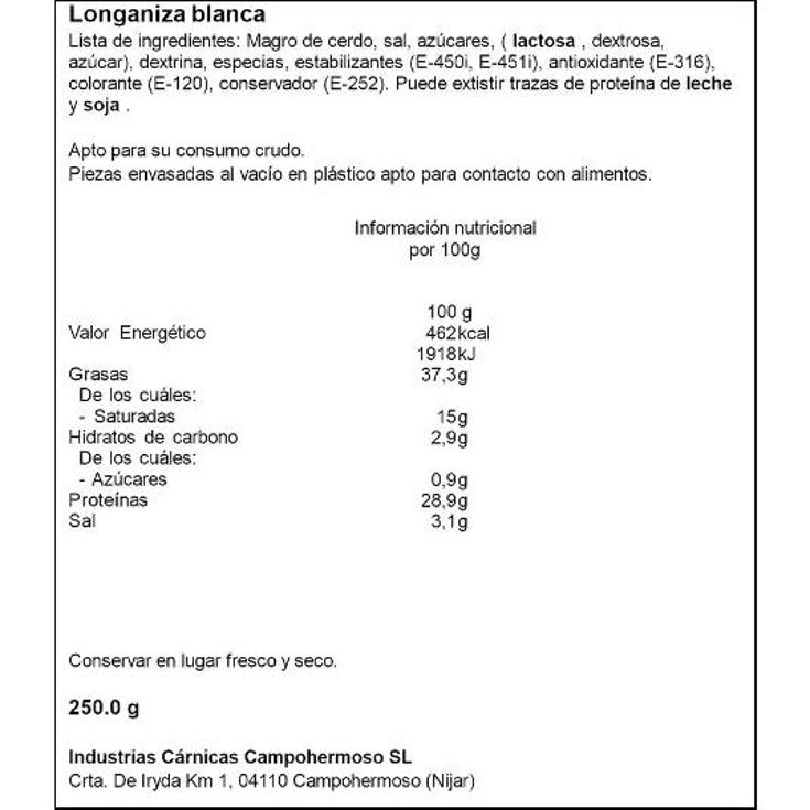 LONGANIZA BLANCA BANDEJA 250GR CAMPOHERMOSO BDJA 250 UD
