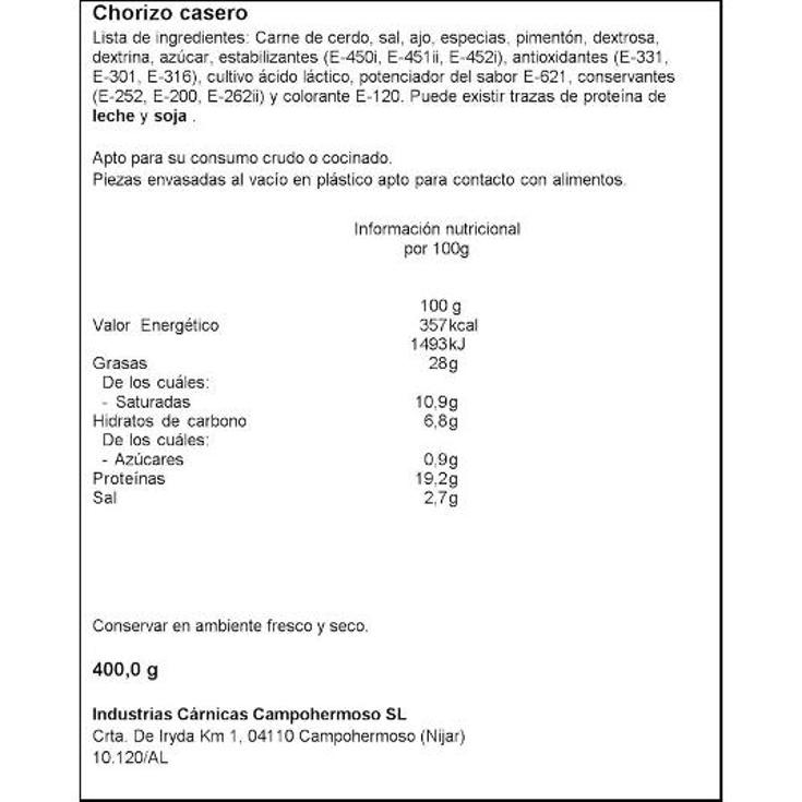 CHORIZO CASERO BDJA 400 GR CAMPOHERMOSO BDJA 400 GR