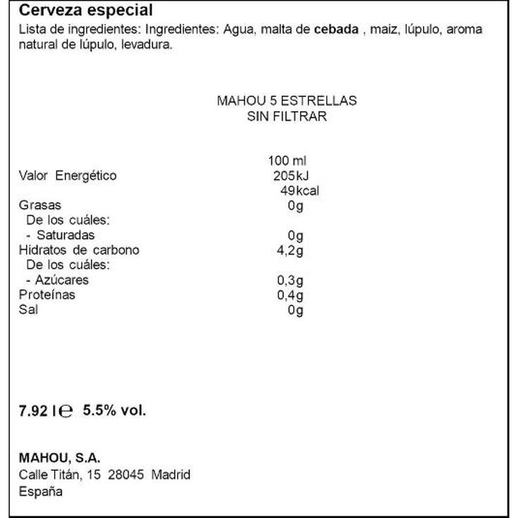 CERVEZA 5 ESTR.SIN FILTRAR 5,5º MAHOU LATA 33 CL