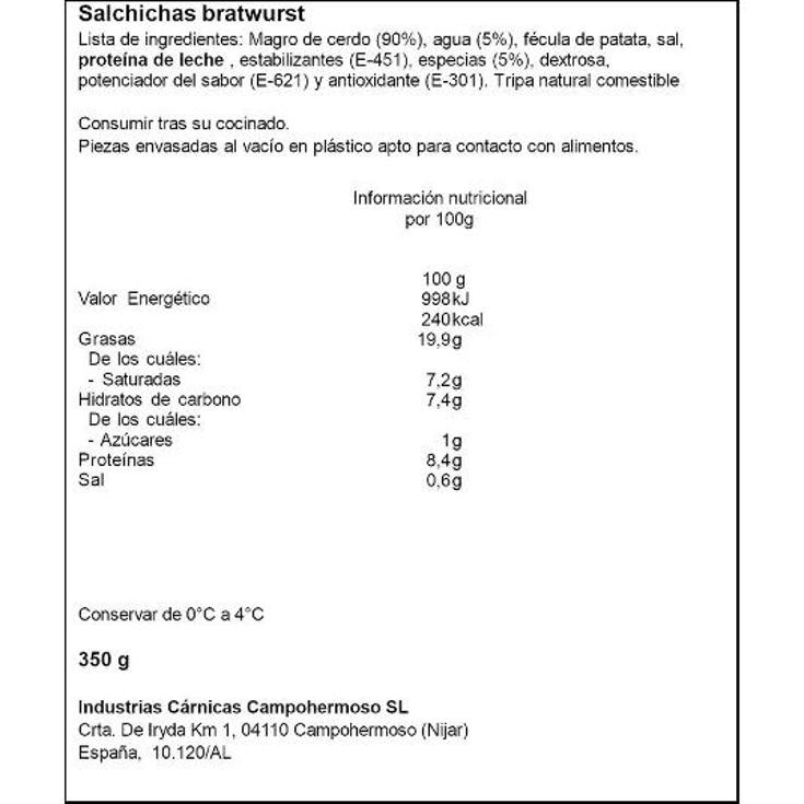 SALCHICHAS BRATWURST BDJA 350GR CAMPOHERMOSO BDJA 350 GR