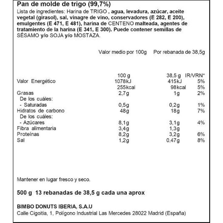 PAN DE MOLDE REBANADA ARTESANA BIMBO PQTE 500 GR