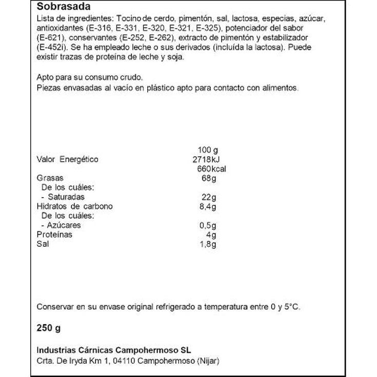 CREMA SOBRASADA 250GR CAMPOHERMOSO BDJA 250 GR