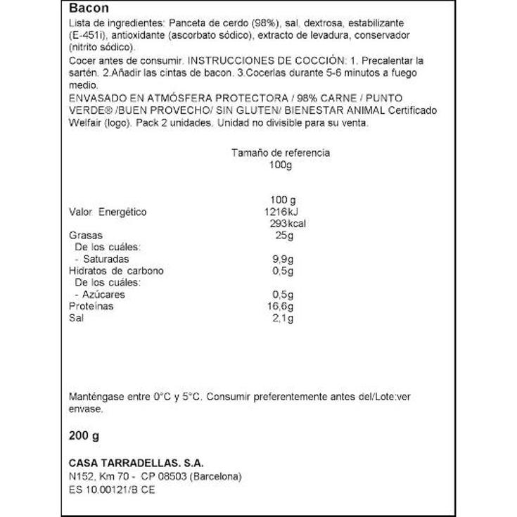 BACON TIRAS 2X100 TARRADELLAS PQTE 200 GR