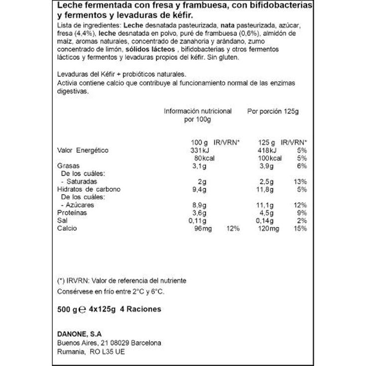 KEFIR FRESA/FRAMBUENA X4 ACTIVI DANONE PACK 500 GR