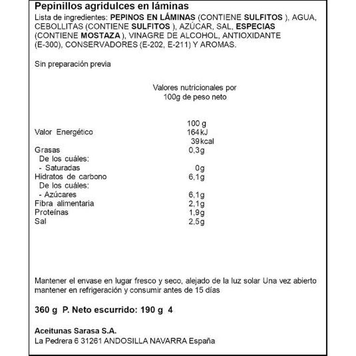 PEPINILLO AGRIDULCE LAMINADO SPAR FRASCO 190 GR