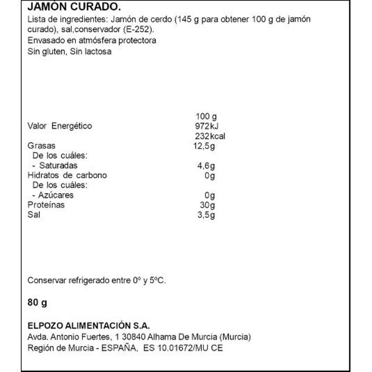 JAMON CURADO MENOS SAL LONCHAS ELPOZO PQTE 80 GR
