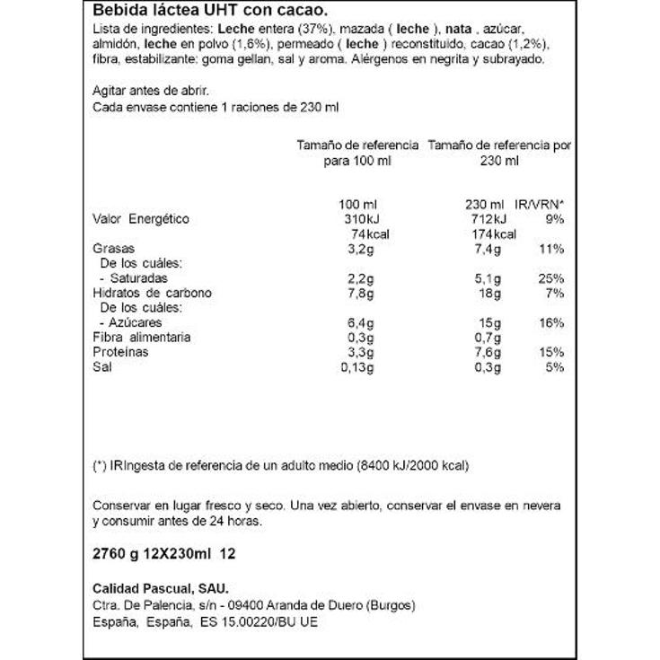 BATIDO CACAO AFRICANO LATEADO PASCUAL BTLLA 230 ML