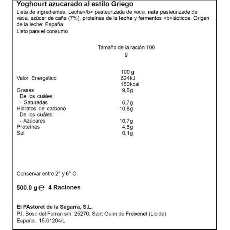 YOGUR GRIEGO ARTESANO PASTORET TRRNA 500 GR