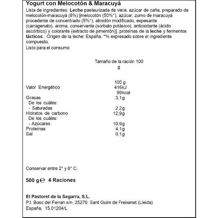 YOGUR MELOCOTON MARACUYA ARTE PASTORET TRRNA 500 GR