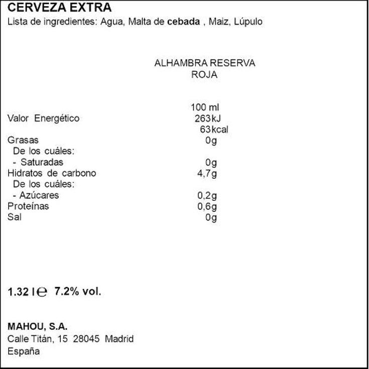 CERVEZA RESERVA ROJA 4X33C 7,2º ALHAMBRA PACK 132 CL