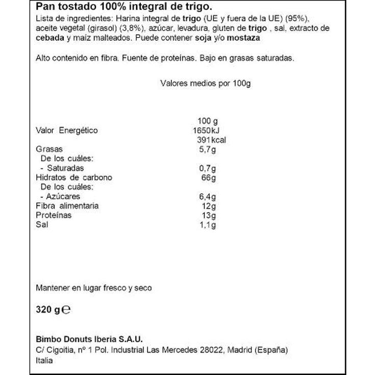 PAN TOSTADO INTEGRAL 100% 30REB ORTIZ BOLSA 324 GR