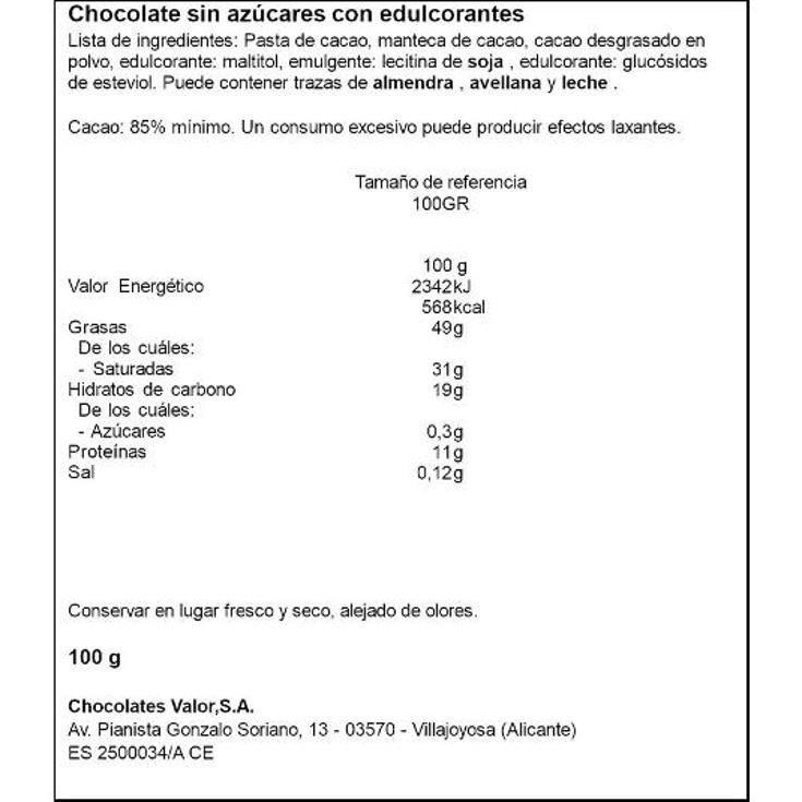 CHOCOLATE 85% S/AZUCARES VALOR PTLLA 100 GR