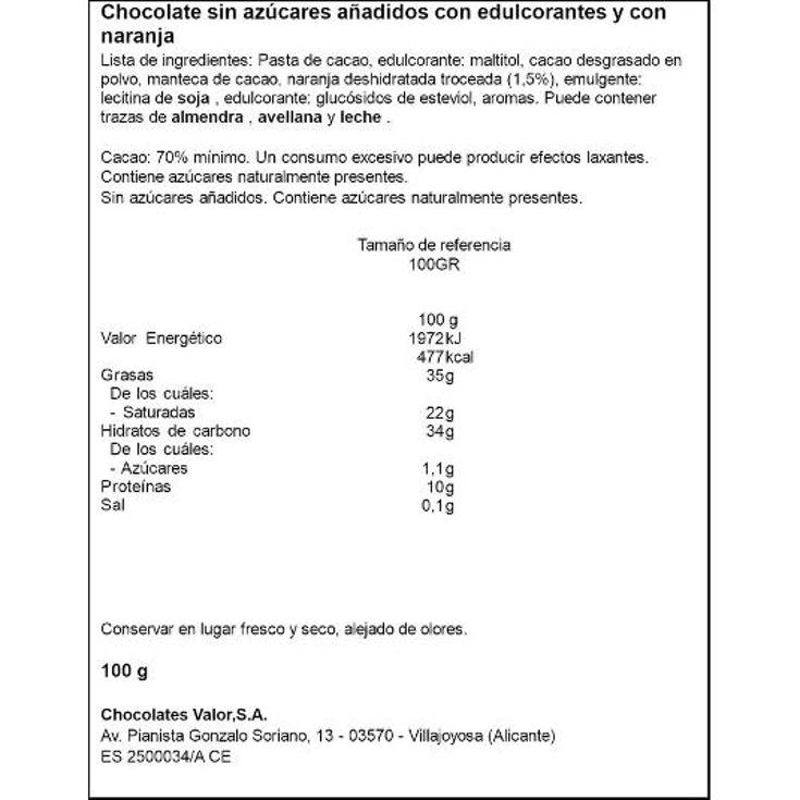 CHOCOLATE 70% NARANJA S/AZUCAR VALOR PTLLA 100 GR