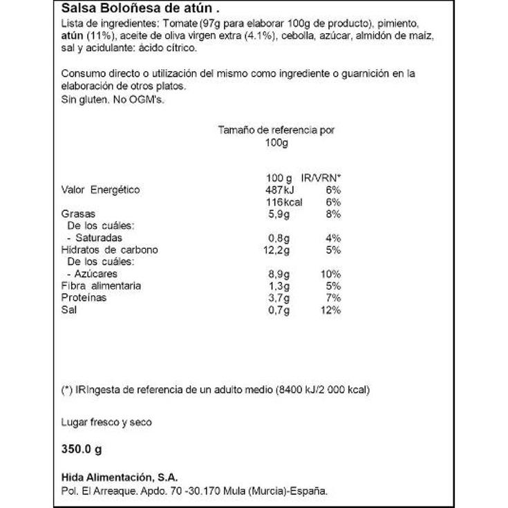 SALSA BOLOÑESA DE ATÚN HIDA FRASCO 350 GR