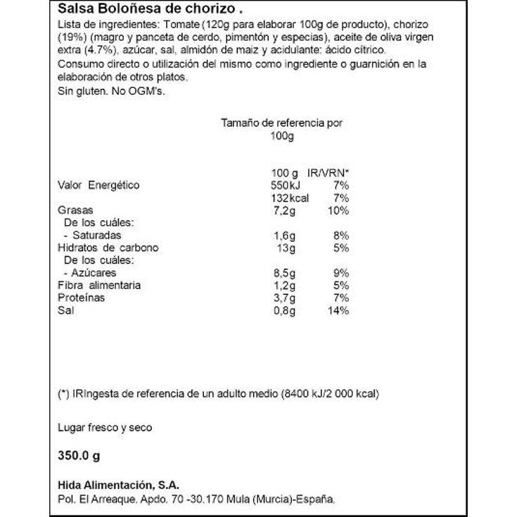 SALSA BOLOÑESA DE CHORIZO HIDA FRASCO 350 GR