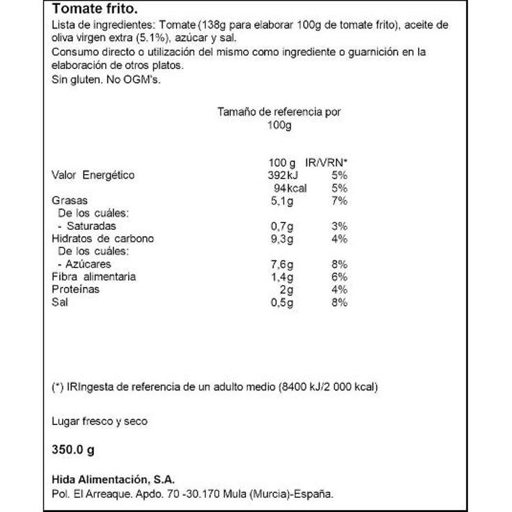 TOMATE FRITO CASERO HIDA FRASCO 350 GR