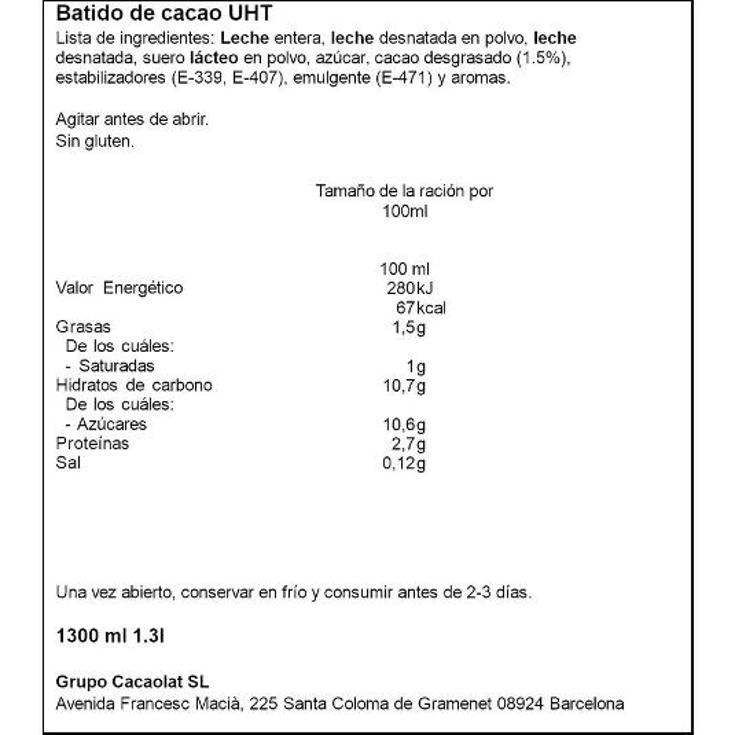 BATIDO CACAO +30% CACAOLAT PET 1 LT