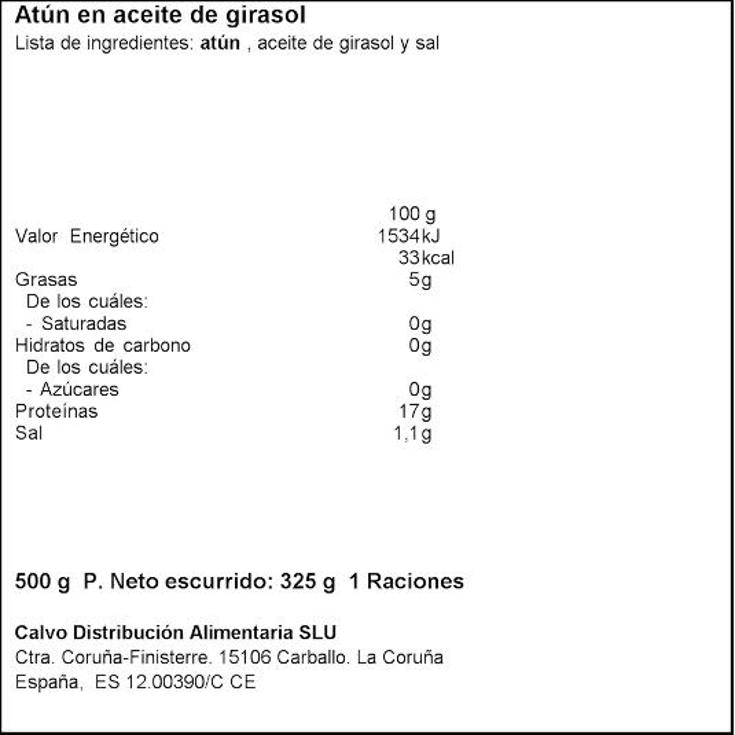 ATUN ACEITE GIRASOL CALVO LATA 325 GR