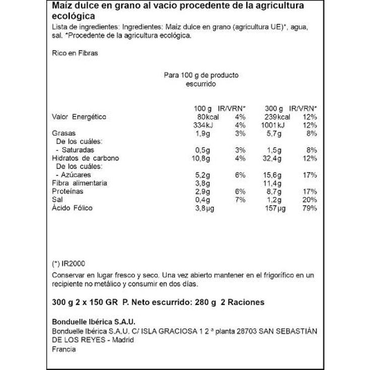 MAIZ DULCE BIO 2X140 GR. BONDUELLE PACK 280 GR